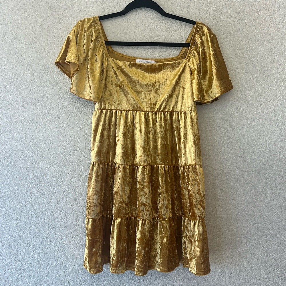 All in Favor flutter sleeve crushed velvet minidress in gold size small NWT